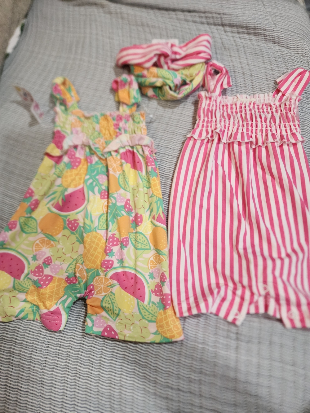 Girls' Pink Stripe & Fruit Print Romper Set with Headband
